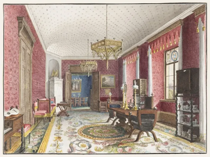 Framed Print : The Red Room, Schloss Fischbach, c. 1846. Artist: Klose, Friedrich Wilhelm (1804-1863) Framed Print : The Red Room, Schloss Fischbach, c. 1846. Artist: Klose, Friedrich Wilhelm (1804-1863)