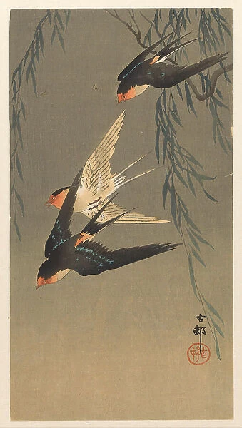 Three red-rumped swallows in a dive, 1920-1930. Creator: Ohara, Koson (1877-1945)