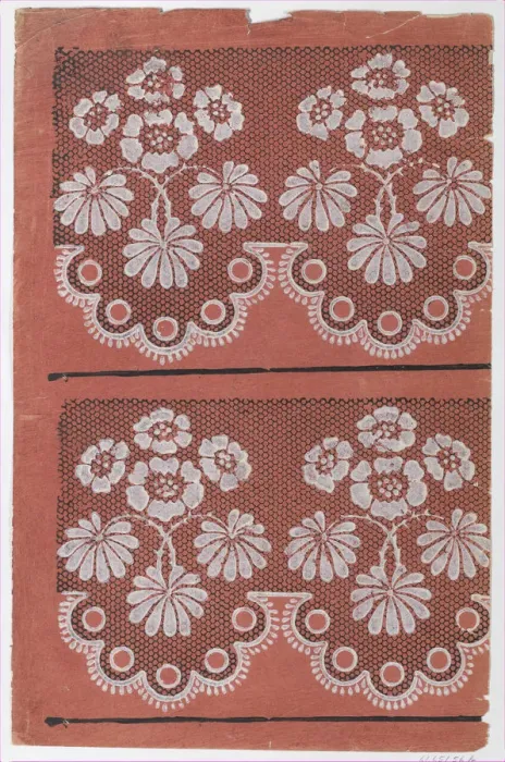 Framed Print : Red sheet with two borders with a white floral pattern atop a black... late 18th-mid-19th century. Creator: Anon Framed Print : Red sheet with two borders with a white floral pattern atop a black... late 18th-mid-19th century. Creator: Anon