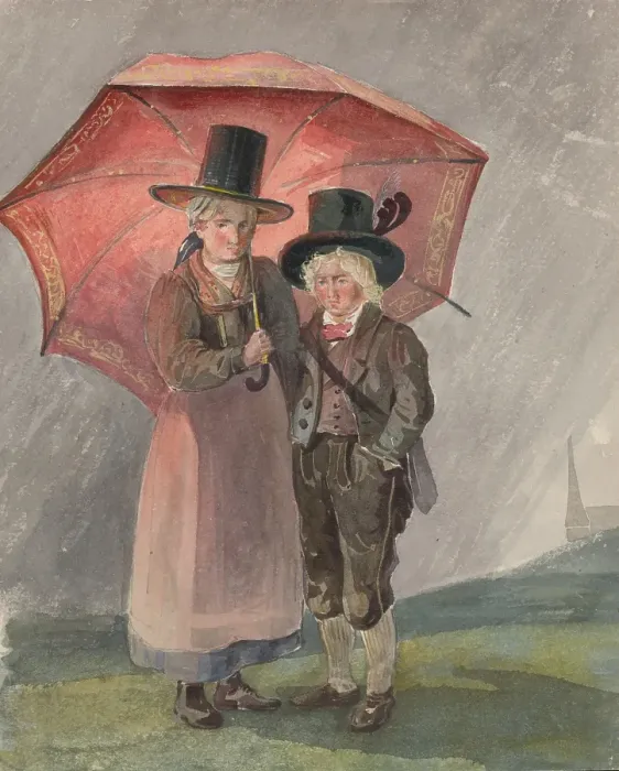 Framed Print : Red umbrella, 1847. Creator: Karoly Lajos Libay Framed Print : Red umbrella, 1847. Creator: Karoly Lajos Libay