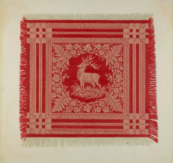 Framed Print : Red and White Napkin (Deer Design), 1935 / 1942. Creator: Merkley, Arthur G Framed Print : Red and White Napkin (Deer Design), 1935 / 1942. Creator: Merkley, Arthur G
