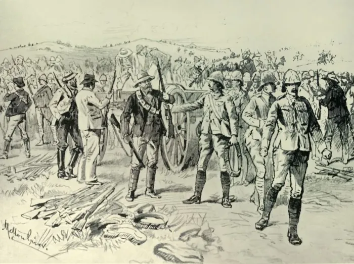 Framed Print : The Reddersburg Mishap: Men of the Irish Rifles and Mounted Infantry Delivering Up Their Arms Framed Print : The Reddersburg Mishap: Men of the Irish Rifles and Mounted Infantry Delivering Up Their Arms
