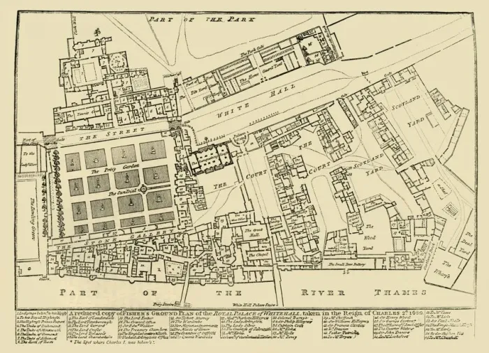 Framed Print : A reduced copy of Fishers Ground Plan of the Royal Palace of Whitehall, 1680, (1881) Framed Print : A reduced copy of Fishers Ground Plan of the Royal Palace of Whitehall, 1680, (1881)
