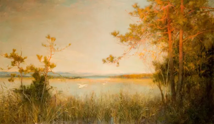 Framed Print : Reedy Mere And Sunlit Hills, 1890-91. Creator: Alfred Edward East Framed Print : Reedy Mere And Sunlit Hills, 1890-91. Creator: Alfred Edward East