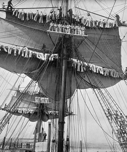 Reefing topsails on board the training ship HMS Impregnable, Devonport, Devon, 1896. Artist: WM Crockett