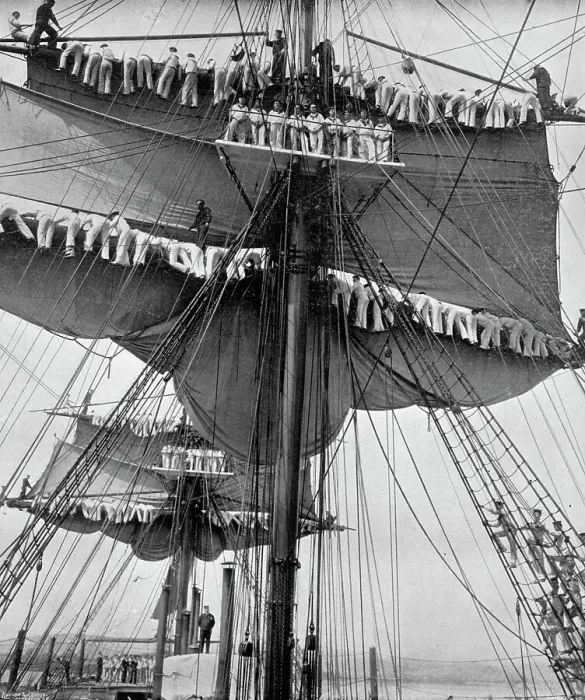 Framed Print : Reefing topsails on board the training ship HMS Impregnable, Devonport, Devon, 1896. Artist: WM Crockett Framed Print : Reefing topsails on board the training ship HMS Impregnable, Devonport, Devon, 1896. Artist: WM Crockett