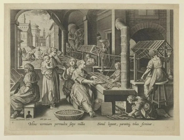 Framed Print : The Reeling of Silk, Plate 6 from The Introduction of the Silkworm'[Vermis Sericus]... ca. 1595. Creator: Karel van Mallery