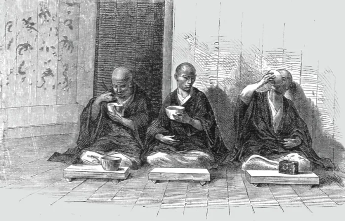 Framed Print : Refectory of a Buddhist monastery; A European Sojourn in Japan, 1875. Creator: Unknown Framed Print : Refectory of a Buddhist monastery; A European Sojourn in Japan, 1875. Creator: Unknown