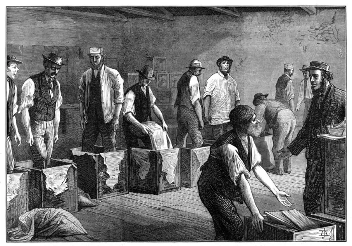 Framed Print : Refilling chests in a tea warehouse, 1874 Framed Print : Refilling chests in a tea warehouse, 1874
