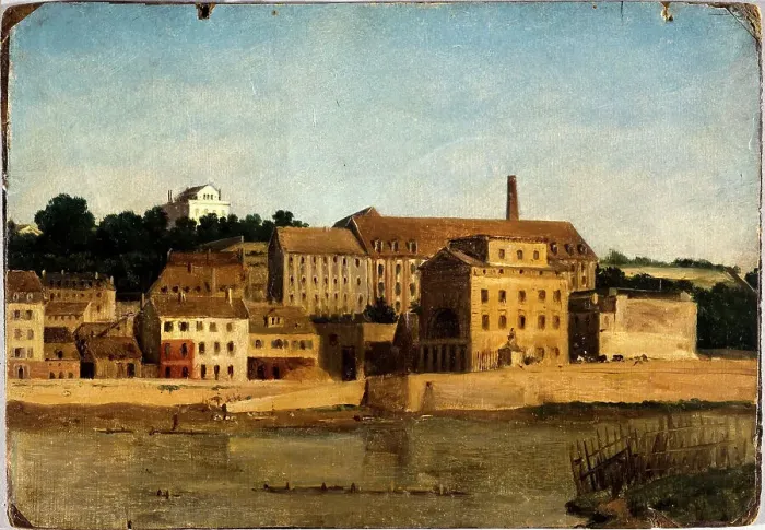 Framed Print : Refinery and the Delessert garden, in Passy, ??seen from the left bank (circa 1820). Creator: Unknown Framed Print : Refinery and the Delessert garden, in Passy, ??seen from the left bank (circa 1820). Creator: Unknown