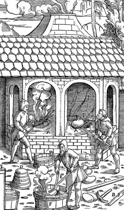 Framed Print : Refining copper: removing cakes of copper from the crucible and quenching in a tub of water, 1556 Framed Print : Refining copper: removing cakes of copper from the crucible and quenching in a tub of water, 1556
