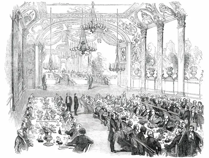 Framed Print : Reform Banquet in the Theatre, Wellington, New Zealand, 1850. Creator: Unknown Framed Print : Reform Banquet in the Theatre, Wellington, New Zealand, 1850. Creator: Unknown