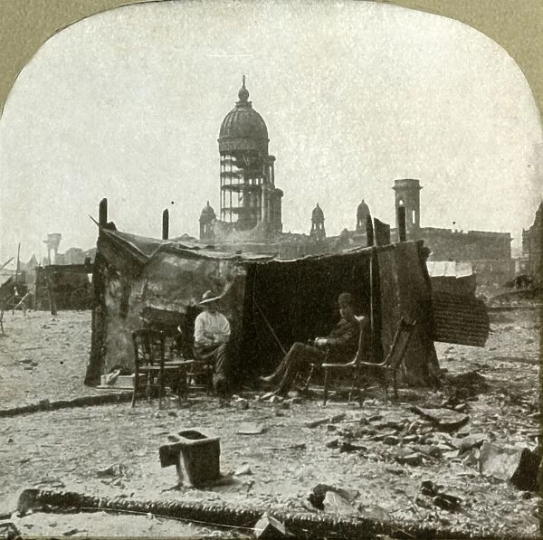 Refugee camp made of scraps [of] corrugated sheet iron gathered from the ruins, 1906