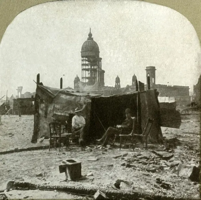 Framed Print : Refugee camp made of scraps [of] corrugated sheet iron gathered from the ruins, 1906