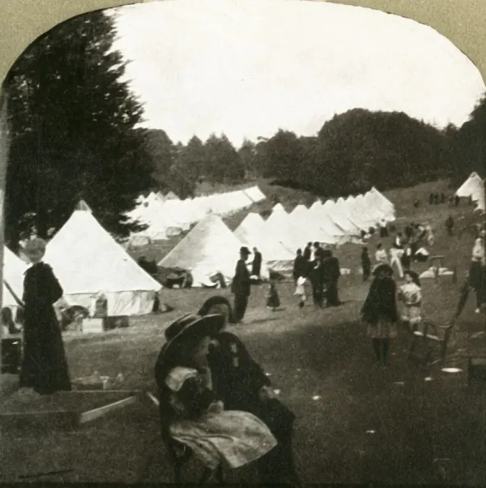 Framed Print : Refugees camp at ball grounds in Golden Gate Park, 1906. Creator: Unknown Framed Print : Refugees camp at ball grounds in Golden Gate Park, 1906. Creator: Unknown