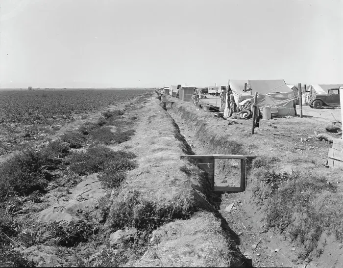 Framed Print : Refugees camped by the roadside beside an irrigated pea field, nine miles from Calipatria, CA, 1937. Creator: Dorothea Lange Framed Print : Refugees camped by the roadside beside an irrigated pea field, nine miles from Calipatria, CA, 1937. Creator: Dorothea Lange