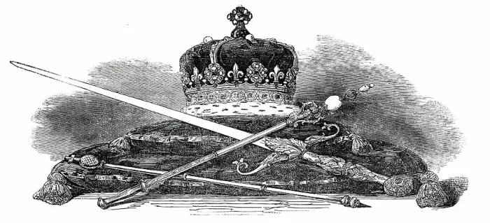 Framed Print : Regalia of Scotland: Crown Sceptre, Sword, and Lord Treasurer's Rod, 1850. Creator: Unknown Framed Print : Regalia of Scotland: Crown Sceptre, Sword, and Lord Treasurer's Rod, 1850. Creator: Unknown