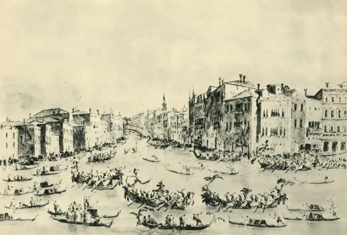 Framed Print : Regatta on the Grand Canal, Venice, mid-late 18th century, (1943). Creator: Francesco Guardi Framed Print : Regatta on the Grand Canal, Venice, mid-late 18th century, (1943). Creator: Francesco Guardi