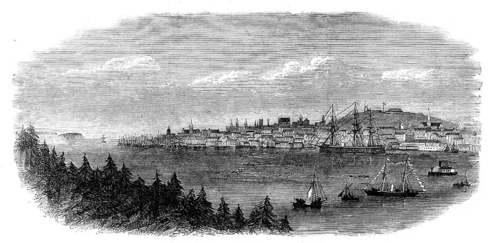 Framed Print : Regatta at Halifax, Nova Scotia - the four-oared race to M'Nab's Island: view from Dartmouth, 1871. Creator: Unknown Framed Print : Regatta at Halifax, Nova Scotia - the four-oared race to M'Nab's Island: view from Dartmouth, 1871. Creator: Unknown