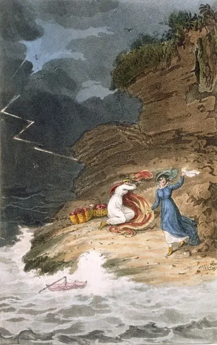 Framed Print : Two Regency belles stranded on a foreshore by a storm, c1795-1805. Creator: James Green Framed Print : Two Regency belles stranded on a foreshore by a storm, c1795-1805. Creator: James Green