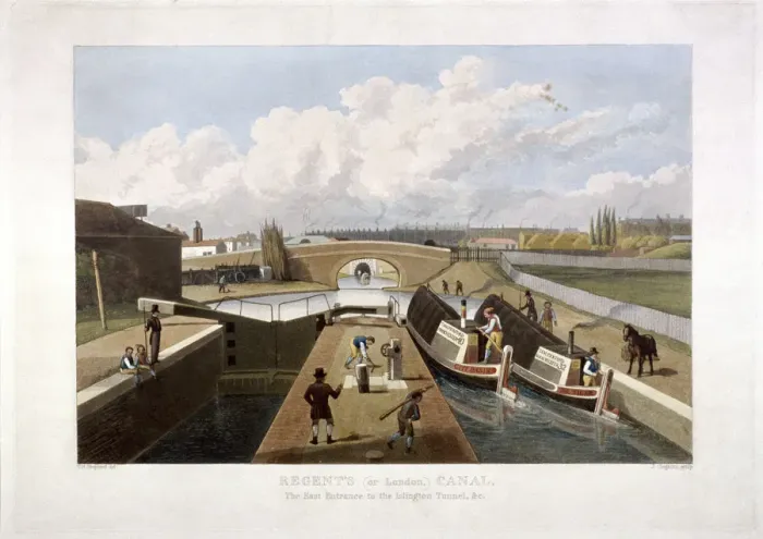 Framed Print : Regents Canal, with barges, Islington, London, 1822. Artist: John Cleghorn Framed Print : Regents Canal, with barges, Islington, London, 1822. Artist: John Cleghorn