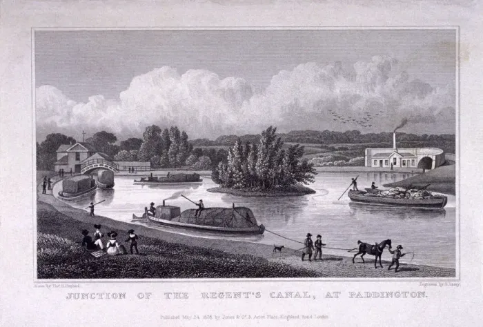 Framed Print : Regents Canal, Paddington, London, 1828. Artist:s Lacey Framed Print : Regents Canal, Paddington, London, 1828. Artist:s Lacey
