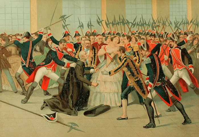 Framed Print : Regicide attempt by the priest Martin Merino Gomez against Queen Isabella II on 2 Feb 1852 (1893). Creator: Unknown Framed Print : Regicide attempt by the priest Martin Merino Gomez against Queen Isabella II on 2 Feb 1852 (1893). Creator: Unknown
