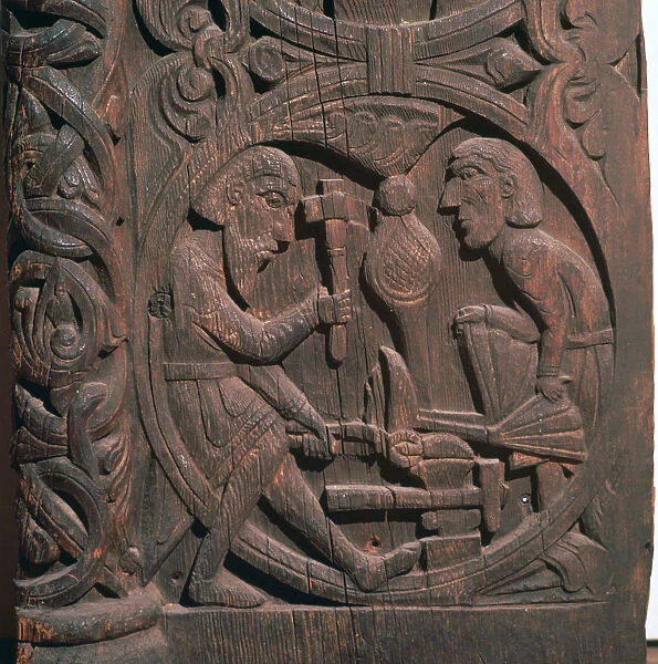 Regin the smith forging the sword of Sigurds father, 12th-13th century