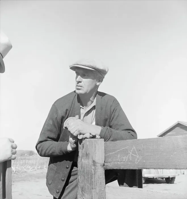 Framed Print : Rehabilitation client talking over fence with county supervisor, near Stockton, CA, 1938. Creator: Dorothea Lange Framed Print : Rehabilitation client talking over fence with county supervisor, near Stockton, CA, 1938. Creator: Dorothea Lange