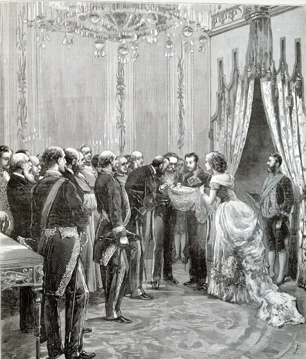 Framed Print : Reign of Alphonse XII, birth of the Infanta Maria de las Mercedes, presentation at the palace Framed Print : Reign of Alphonse XII, birth of the Infanta Maria de las Mercedes, presentation at the palace
