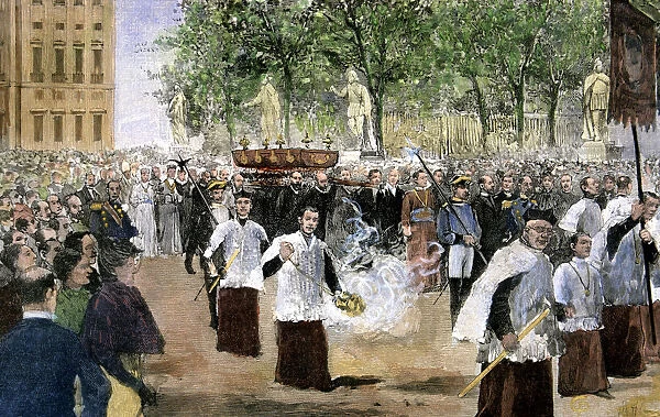 Reign of Alphonse XII, procession of San Isidro, to ask for rain and peace, drawing by M