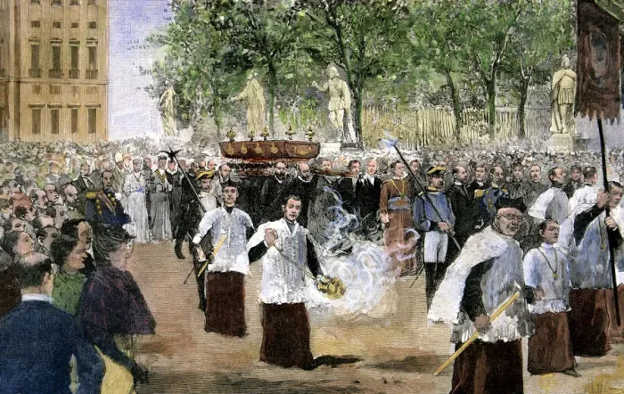 Framed Print : Reign of Alphonse XII, procession of San Isidro, to ask for rain and peace, drawing by M Framed Print : Reign of Alphonse XII, procession of San Isidro, to ask for rain and peace, drawing by M