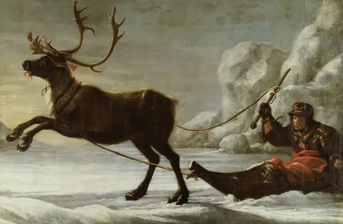 Framed Print : Reindeer with a sledge, 1671. Creator: David Klocker Ehrenstrahl Framed Print : Reindeer with a sledge, 1671. Creator: David Klocker Ehrenstrahl