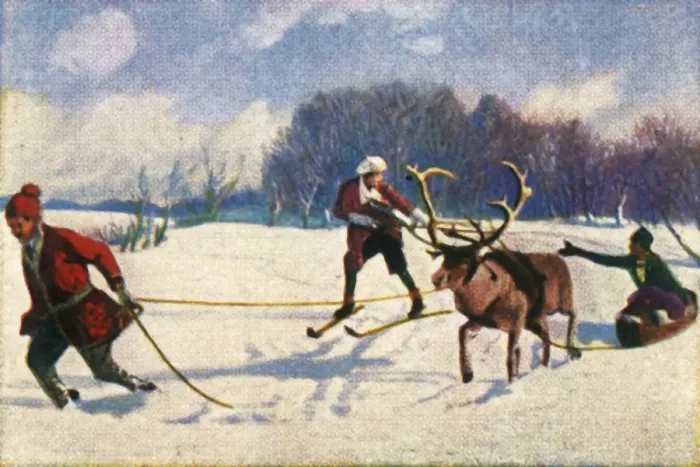 Framed Print : Reindeer sledge ride in Sweden, c1928. Creator: Unknown Framed Print : Reindeer sledge ride in Sweden, c1928. Creator: Unknown