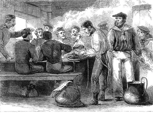 The Reinforcements for Canada: dinner-time and serving out of the grog on board a troop... 1862. Creator: Unknown