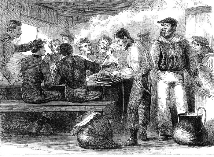 Framed Print : The Reinforcements for Canada: dinner-time and serving out of the grog on board a troop... 1862. Creator: Unknown Framed Print : The Reinforcements for Canada: dinner-time and serving out of the grog on board a troop... 1862. Creator: Unknown