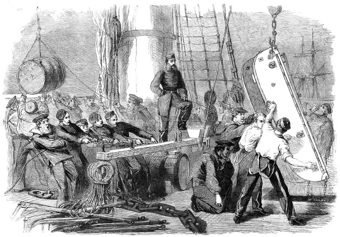 Framed Print : Reinforcements for Canada: shipping sledges on board the Calcutta at Woolwich for guns... 1862. Creator: W Thomas Framed Print : Reinforcements for Canada: shipping sledges on board the Calcutta at Woolwich for guns... 1862. Creator: W Thomas