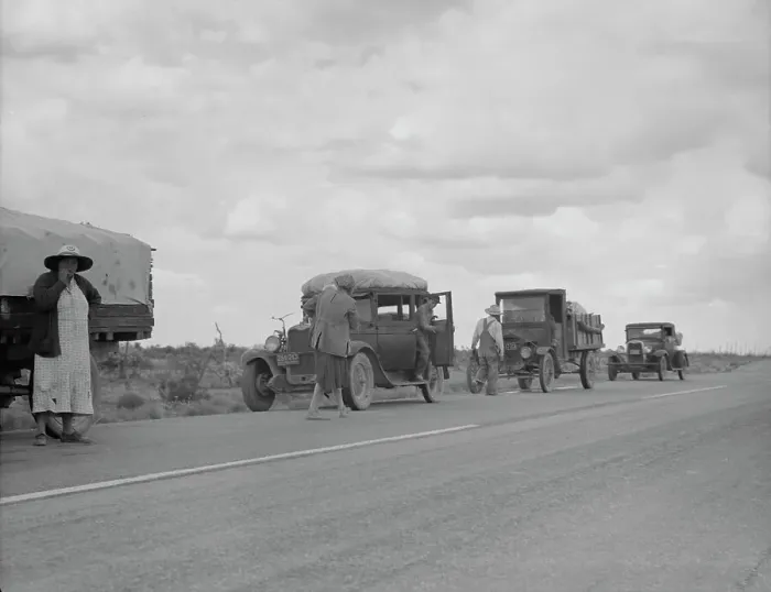 Framed Print : Three related drought refugee families from Oklahoma on highway near Lordsburg, New Mexico, 1937. Creator: Dorothea Lange Framed Print : Three related drought refugee families from Oklahoma on highway near Lordsburg, New Mexico, 1937. Creator: Dorothea Lange