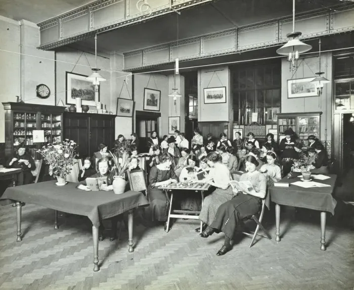 Framed Print : Relaxing in the Social Hall, Cosway Street Evening Institute for Women, London, 1914 Framed Print : Relaxing in the Social Hall, Cosway Street Evening Institute for Women, London, 1914