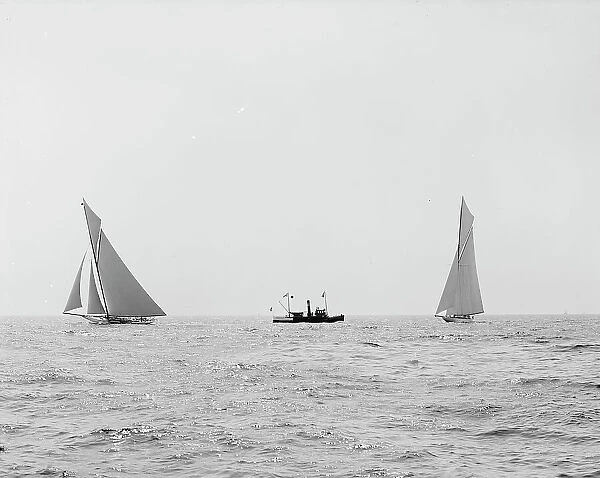 Reliance and Shamrock III coming for the line, Aug. 22, 03, 1903 Aug 22, c1903. Creator: Unknown