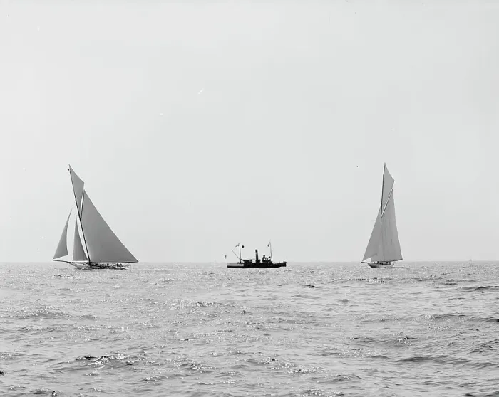 Framed Print : Reliance and Shamrock III coming for the line, Aug. 22, 03, 1903 Aug 22, c1903. Creator: Unknown Framed Print : Reliance and Shamrock III coming for the line, Aug. 22, 03, 1903 Aug 22, c1903. Creator: Unknown
