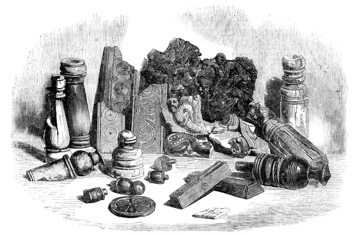 Framed Print : Relics from the Buried City of Brahmunabad, in Sind - Chessmen, Portion of Chess-board... 1857. Creator: Unknown Framed Print : Relics from the Buried City of Brahmunabad, in Sind - Chessmen, Portion of Chess-board... 1857. Creator: Unknown