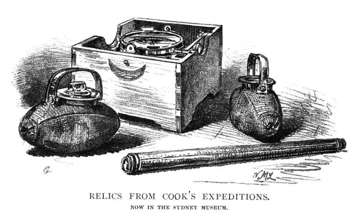 Framed Print : Relics from Cooks expeditions, 1886. Artist: W Macleod Framed Print : Relics from Cooks expeditions, 1886. Artist: W Macleod