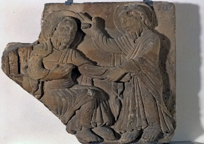 Framed Print : Relief with Christ and St. Peter, high-relief in stone from Vic Cathedral Framed Print : Relief with Christ and St. Peter, high-relief in stone from Vic Cathedral
