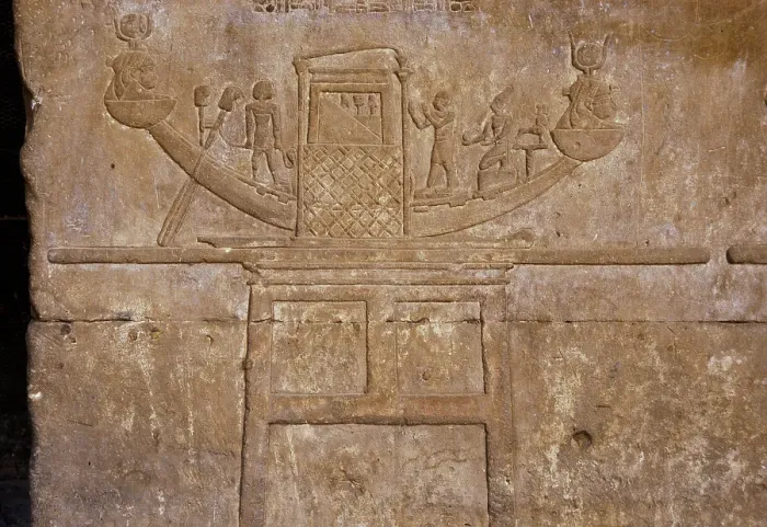 Framed Print : Relief depicting a sacred boat of Hathor, Temple of Edfu, Egypt, Ptolemaic period, 237-57 BC (2003). Creator: LTL Framed Print : Relief depicting a sacred boat of Hathor, Temple of Edfu, Egypt, Ptolemaic period, 237-57 BC (2003). Creator: LTL