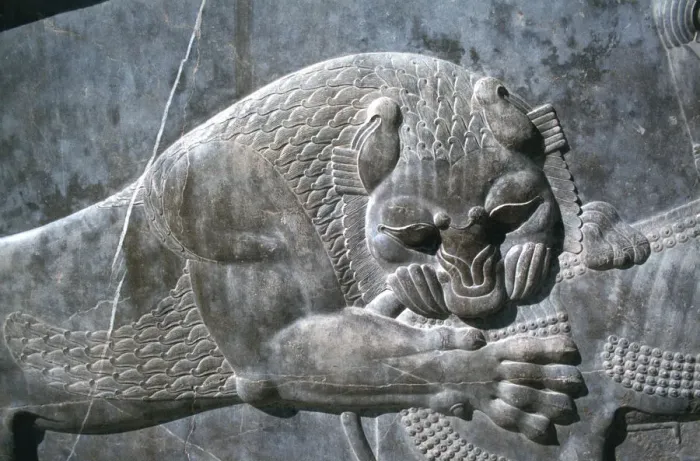 Framed Print : Detail from a relief of a lion attacking a bull, the Apadana, Persepolis, Iran Framed Print : Detail from a relief of a lion attacking a bull, the Apadana, Persepolis, Iran