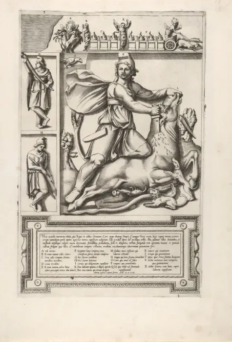 Framed Print : Relief with Mithras kneeling upon a bull and driving a sword into its shoulder Framed Print : Relief with Mithras kneeling upon a bull and driving a sword into its shoulder