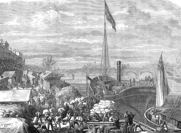 Framed Print : Relief of Paris: arrival of a vessel in the Seine with provisions from London, 1871. Creator: Unknown Framed Print : Relief of Paris: arrival of a vessel in the Seine with provisions from London, 1871. Creator: Unknown