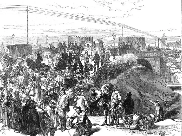 Framed Print : Relief of Paris: dealers in provisions...at the Prussian advanced post on the canal bridge, 1871. Creator: C. R Framed Print : Relief of Paris: dealers in provisions...at the Prussian advanced post on the canal bridge, 1871. Creator: C. R