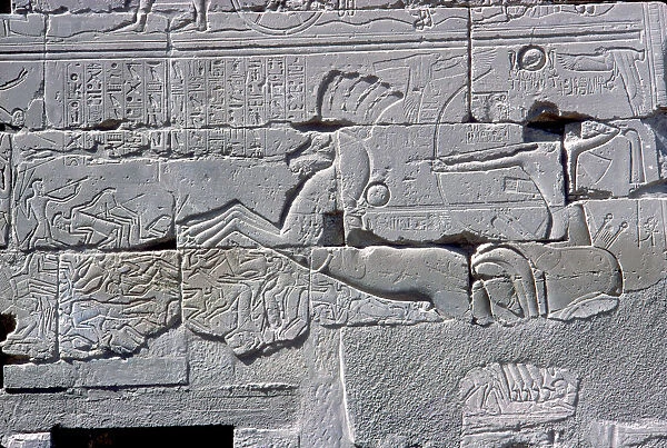 Detail of relief of Pharaoh in chariot riding down his enemies, Temple of Amun, Karnak, c1400 BC